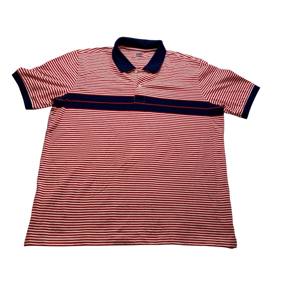 Lands End Mens XL Red White Striped Polo Shirt Navy Blue Accents Traditional Fit